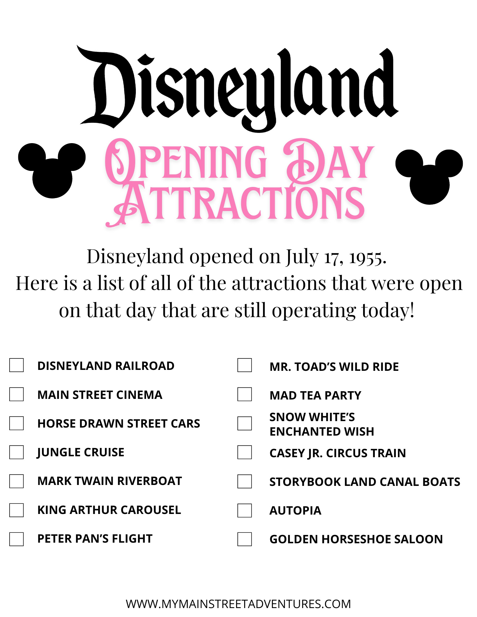 Disneyland Opening Day Attractions List